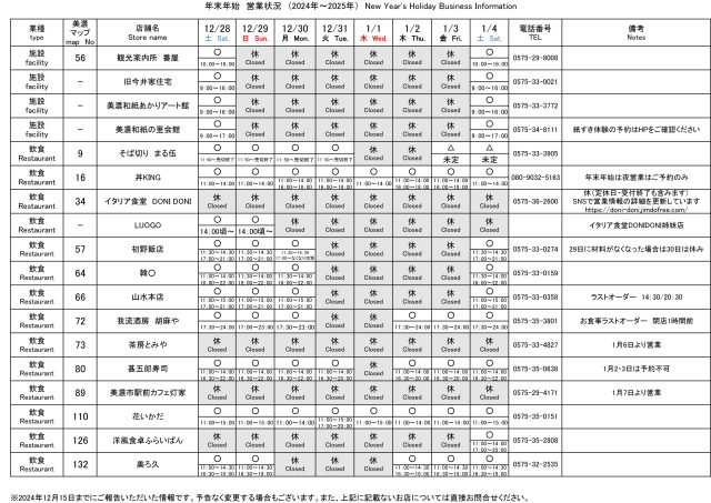 2024年-2025年　年末年始営業のご案内【うだつの上がる町並み近隣店舗】