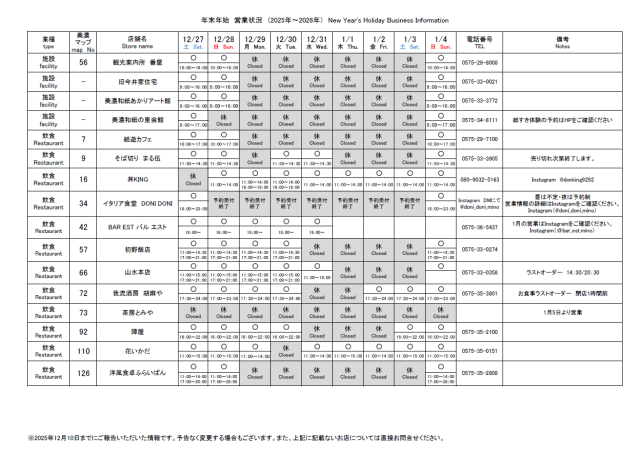 2025-2026 年末年始営業のご案内【うだつの上がる町並み近隣店舗】